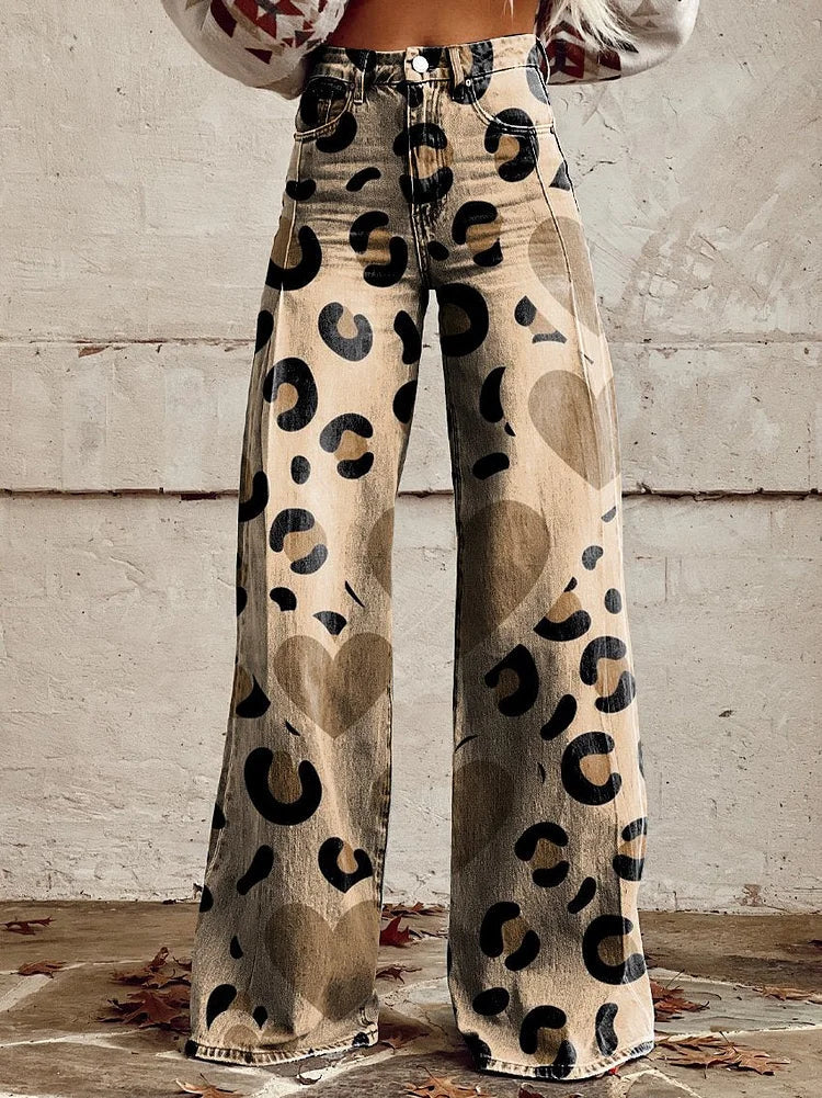 Gianna - Leopard Hearts Print Wide Leg Pants