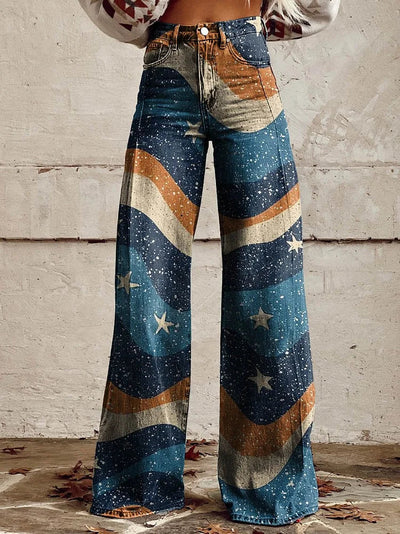 Lola - Blue Wavy Stars Print Wide Leg Pants