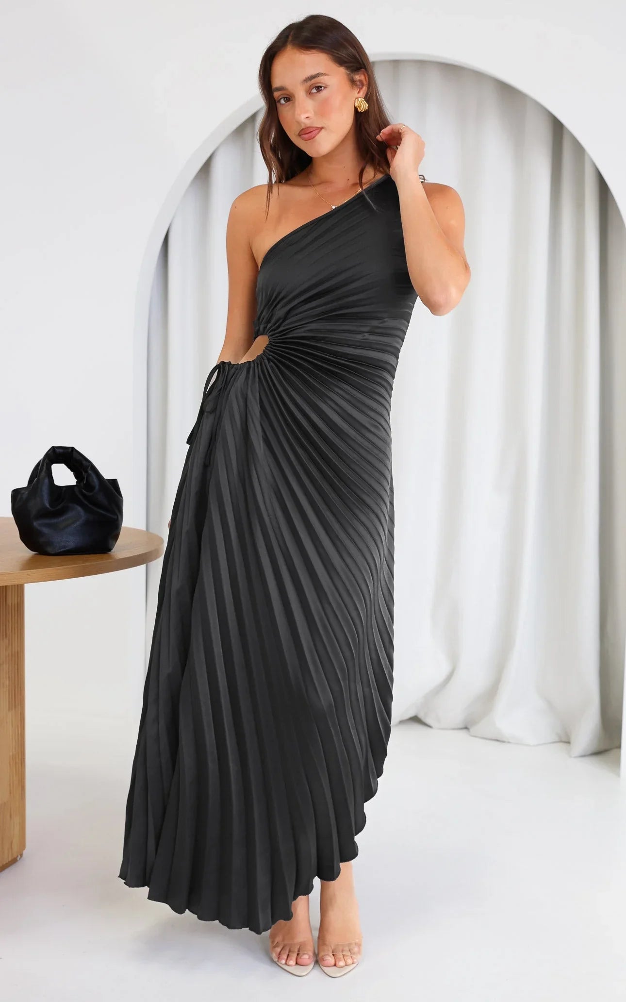 Sylviana™ | One Shoulder Pleated Midi Dress