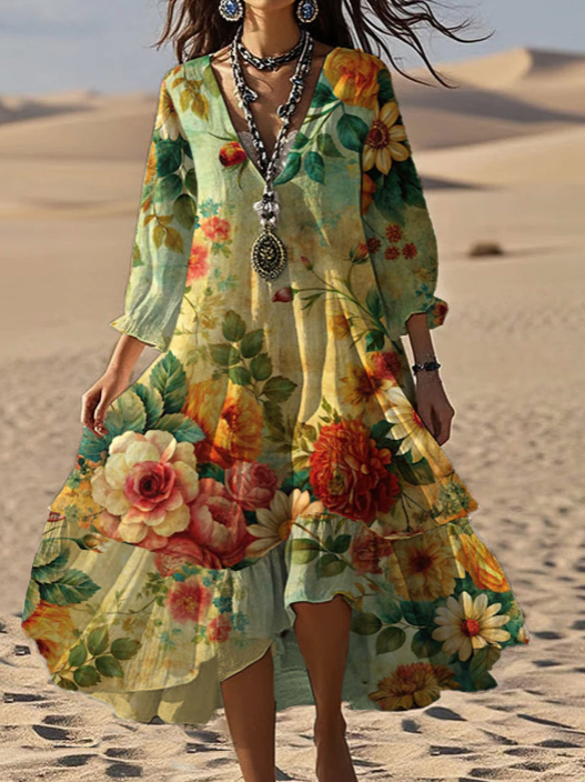 Haylee - Elegant Floral Print Midi Dress