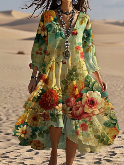 Haylee - Elegant Floral Print Midi Dress