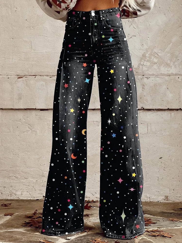 Hope - Color Stars and Moon Print Wide Leg Pants
