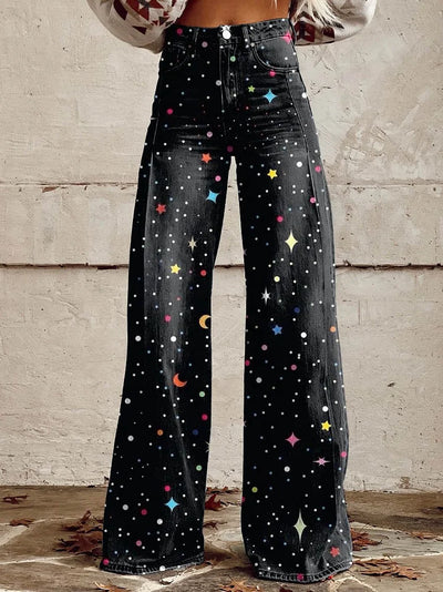 Hope - Color Stars and Moon Print Wide Leg Pants