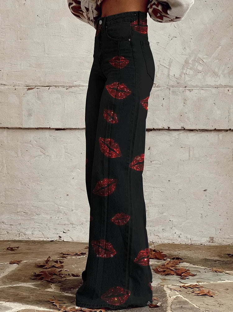 Harper - Glitter Effect Lipstick Kiss Printed Pants