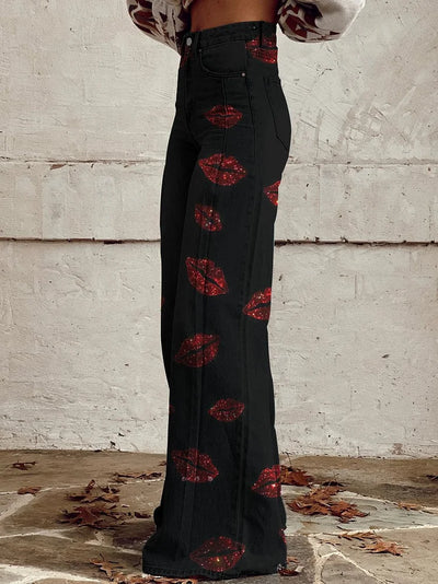 Harper - Glitter Effect Lipstick Kiss Printed Pants