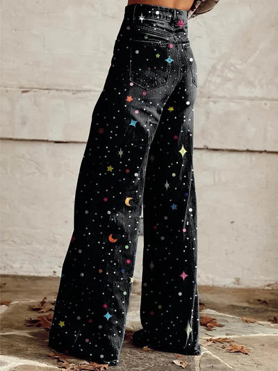 Hope - Color Stars and Moon Print Wide Leg Pants