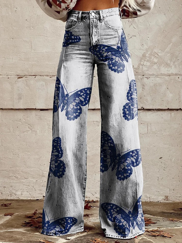 Piper - Blue Butterfly Print Wide Leg Pants