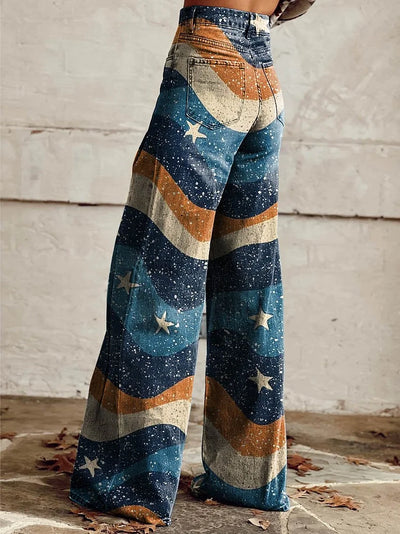 Lola - Blue Wavy Stars Print Wide Leg Pants