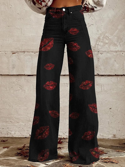 Harper - Glitter Effect Lipstick Kiss Printed Pants
