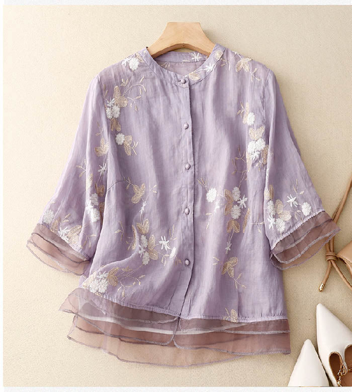 Lacey -  Embroidered Cotton-Linen Blouse