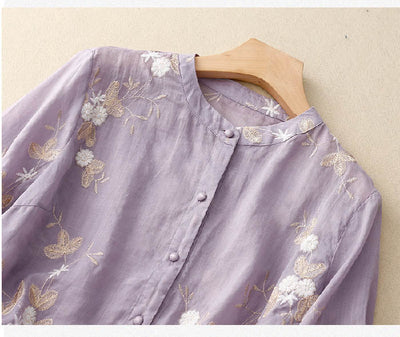 Lacey -  Embroidered Cotton-Linen Blouse