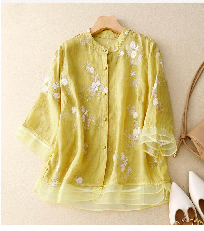 Lacey -  Embroidered Cotton-Linen Blouse