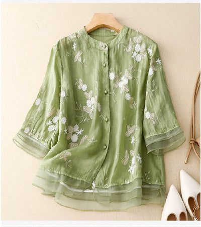 Lacey -  Embroidered Cotton-Linen Blouse